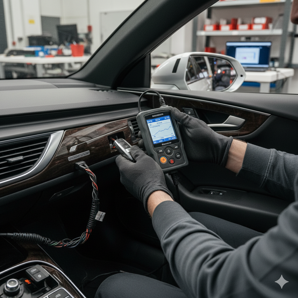Cerrajero programando una llave de auto con chip