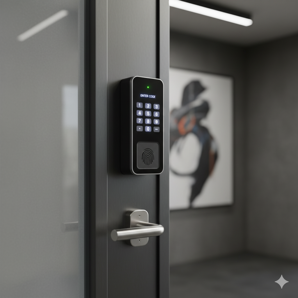 Cerradura inteligente de alta tecnología en una puerta de oficina